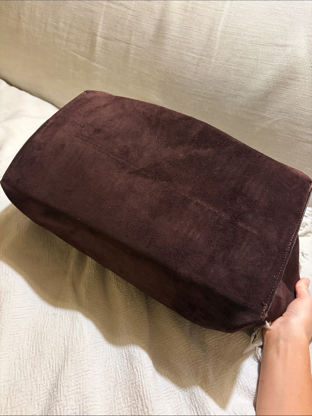 Zara Elongated Horizontal Suede Leather Tote Bag Dark Brown - Picture 3 of 6